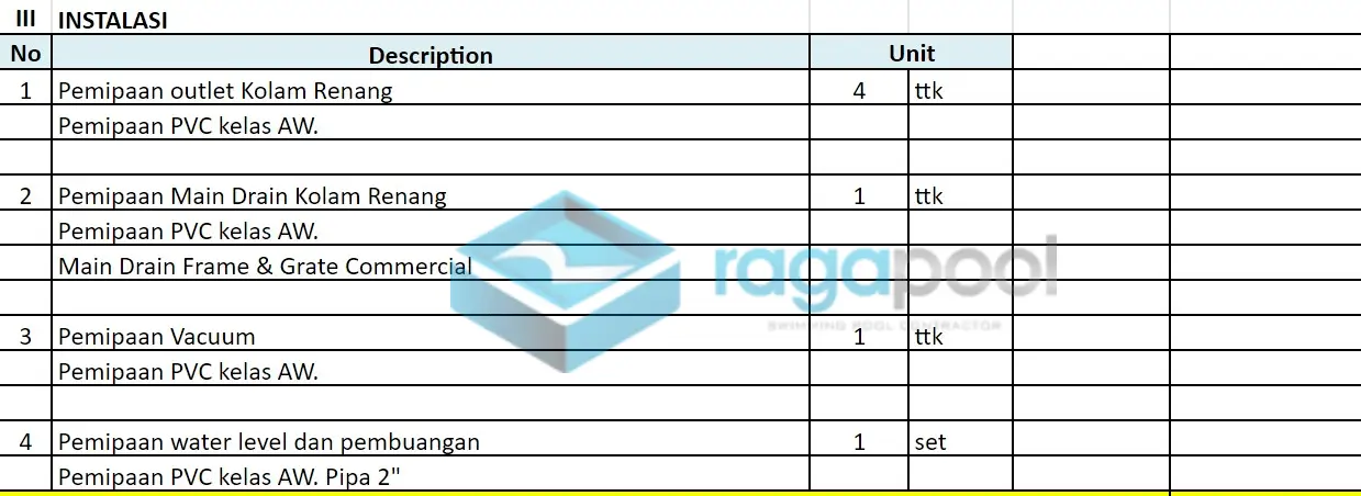 tabel instalasi kolam renang skimmer